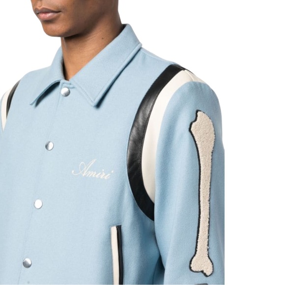 🧥 🆕 AMIRI Bones Wool Blend Varsity Jacket in color slate blue size XX-Large - Picture 6 of 8